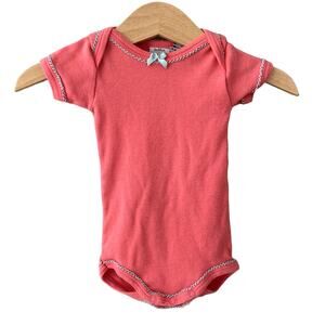 Petit Bateau Short Sleeve Embroidered Trim Bodysuit - Coral Baby Blue - 3M
